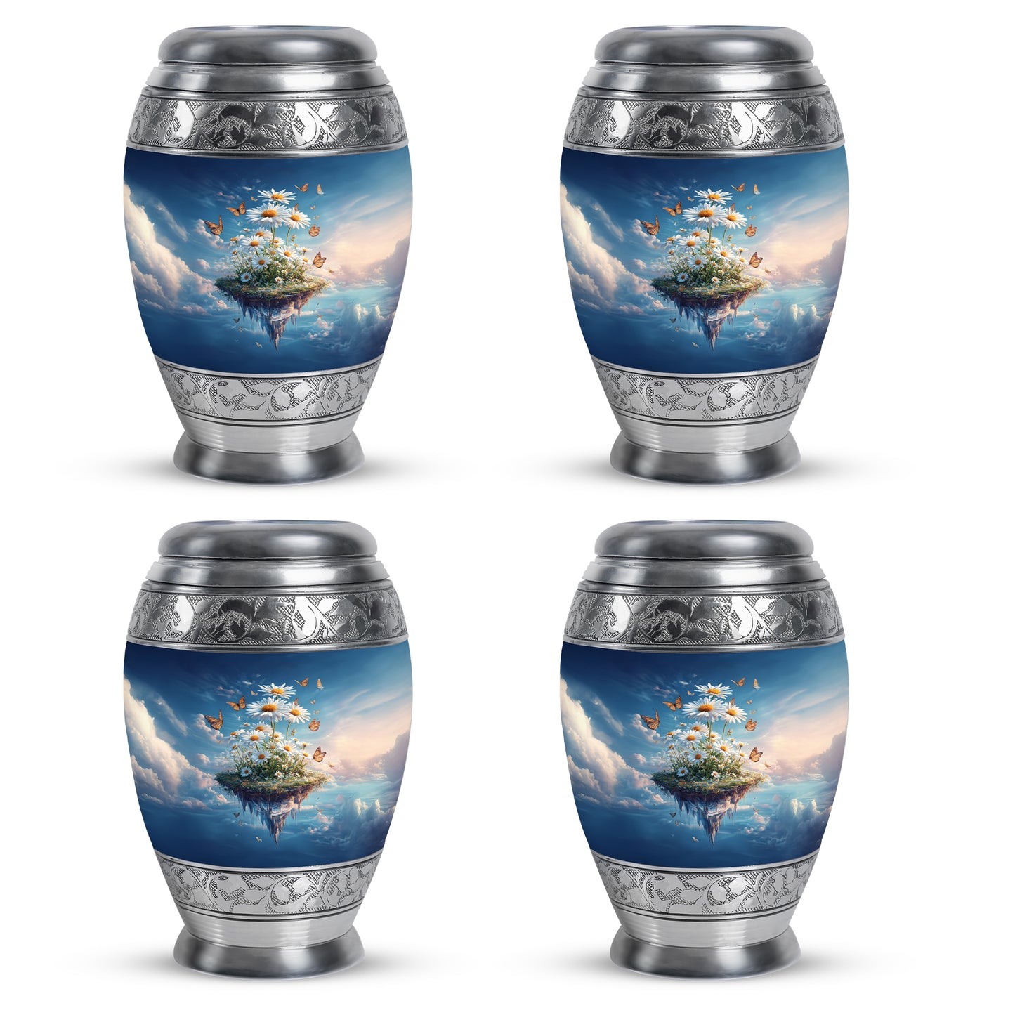 Royal Blue Daisy Cremation Urn urn with complimentary velvet bag - royal daisy engraving with decorative scrollwork - 10 inch aluminum urn for cremated remains
