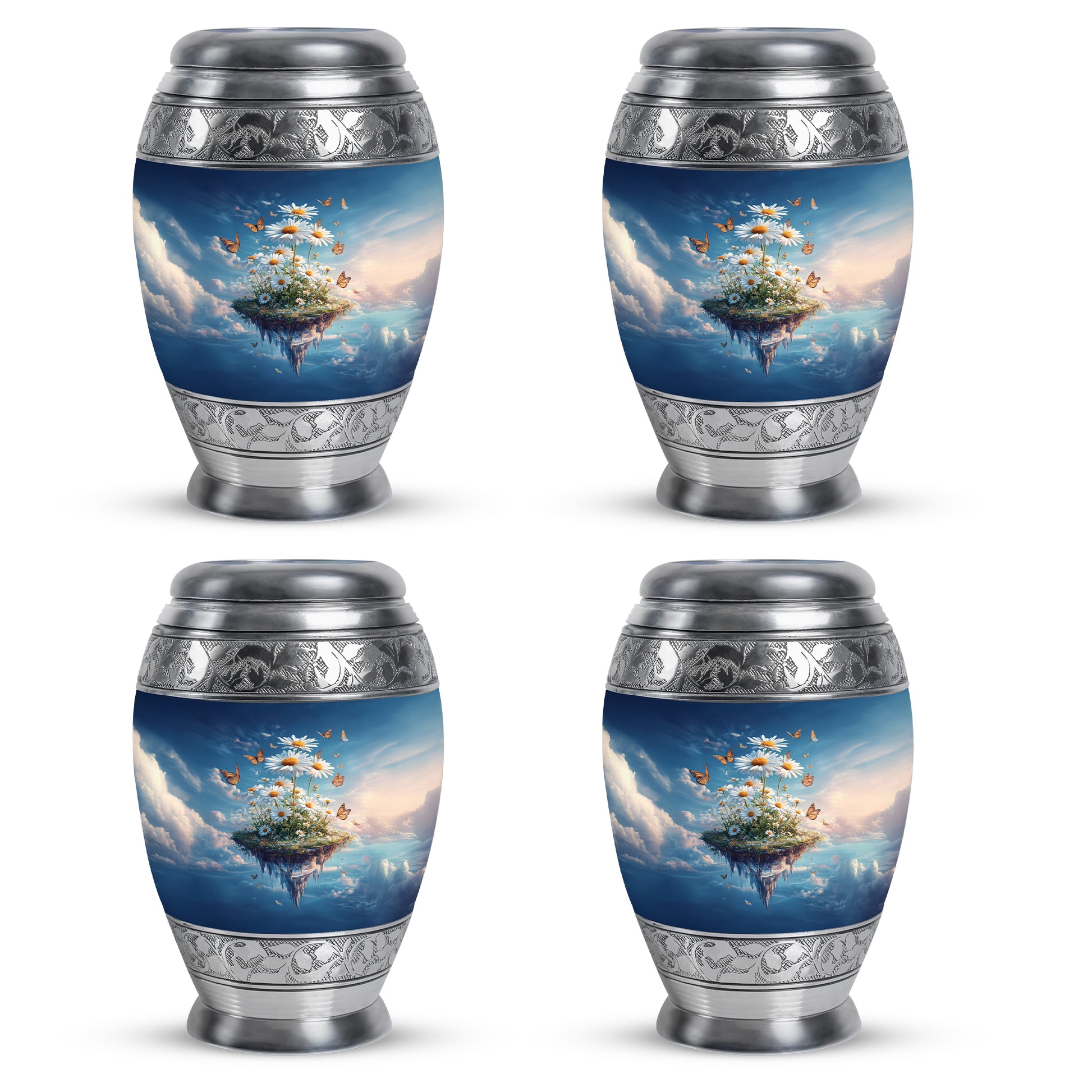 Royal Blue Daisy Cremation Urn urn with complimentary velvet bag - royal daisy engraving with decorative scrollwork - 10 inch aluminum urn for cremated remains