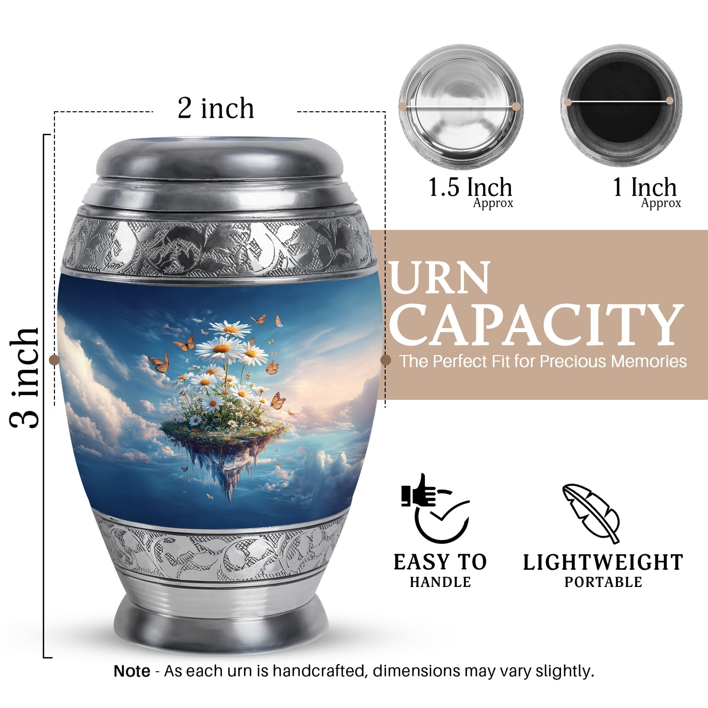 Indigo Daisy Cremation Urn lifestyle display on memorial shelf - regal daisy design with crown-inspired accents - mini keepsake memorial for portion of cremation ashes