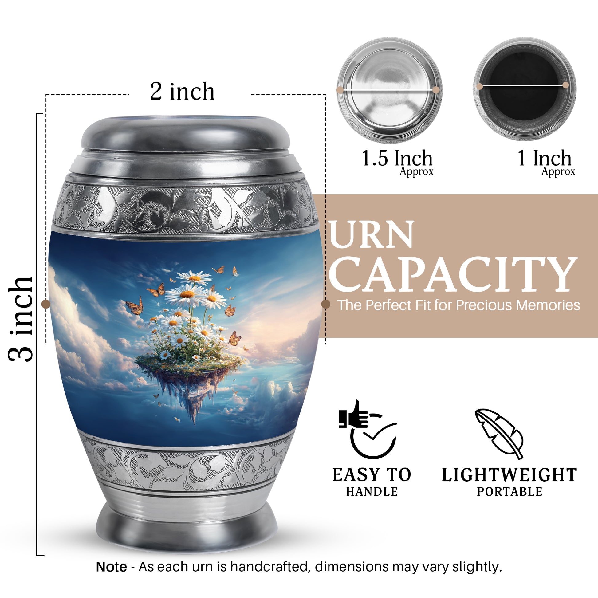 Indigo Daisy Cremation Urn lifestyle display on memorial shelf - regal daisy design with crown-inspired accents - mini keepsake memorial for portion of cremation ashes