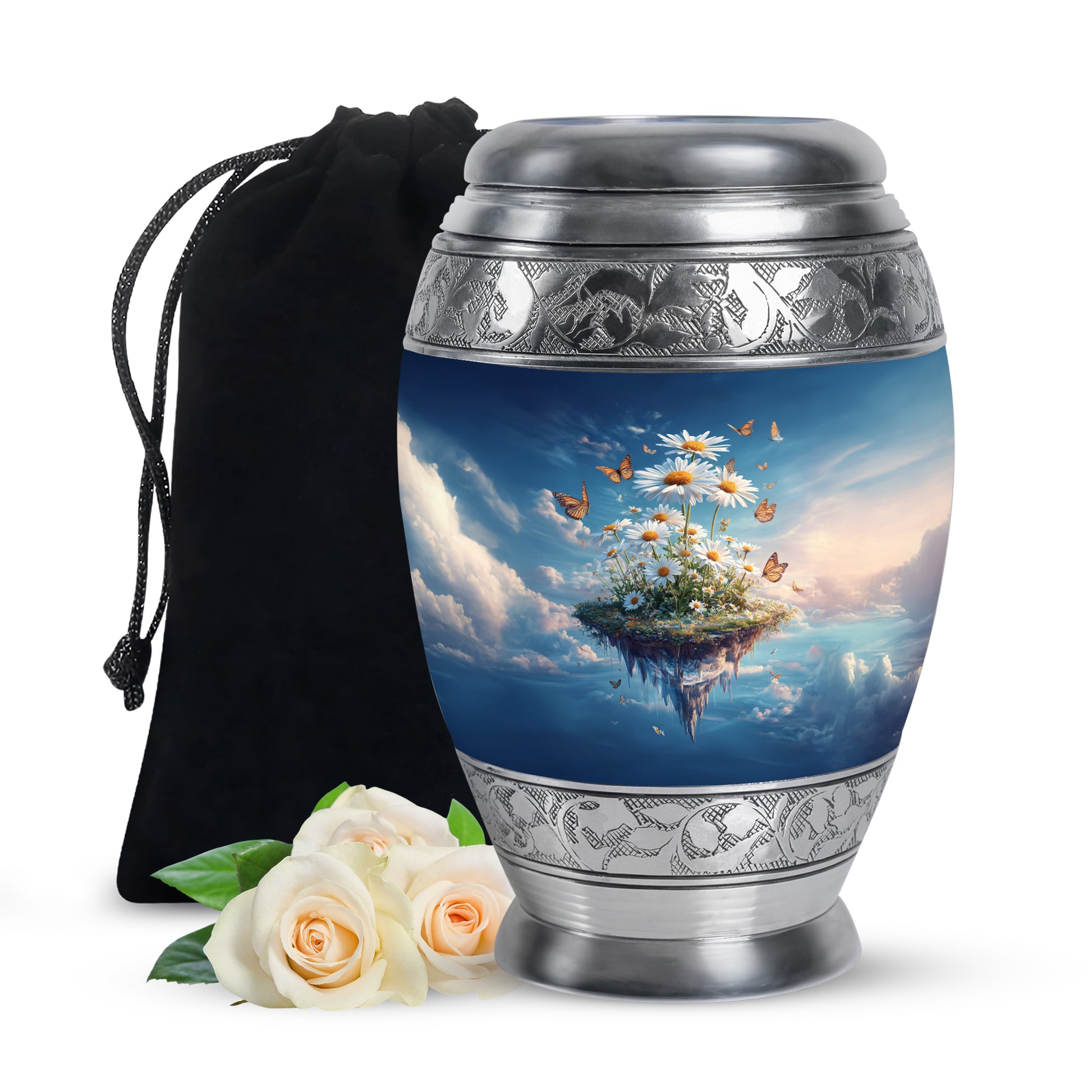 Twilight Blue Daisy Cremation Urn back view with polished surface - royal daisy engraving with decorative scrollwork - full-size 10 inch 200 cubic inch adult cremation urn