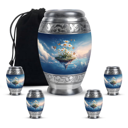 Misty Blue Daisy Cremation Urn detail view - ornate monarch-style daisy relief on brushed aluminum - memorial set with one large and four small urns