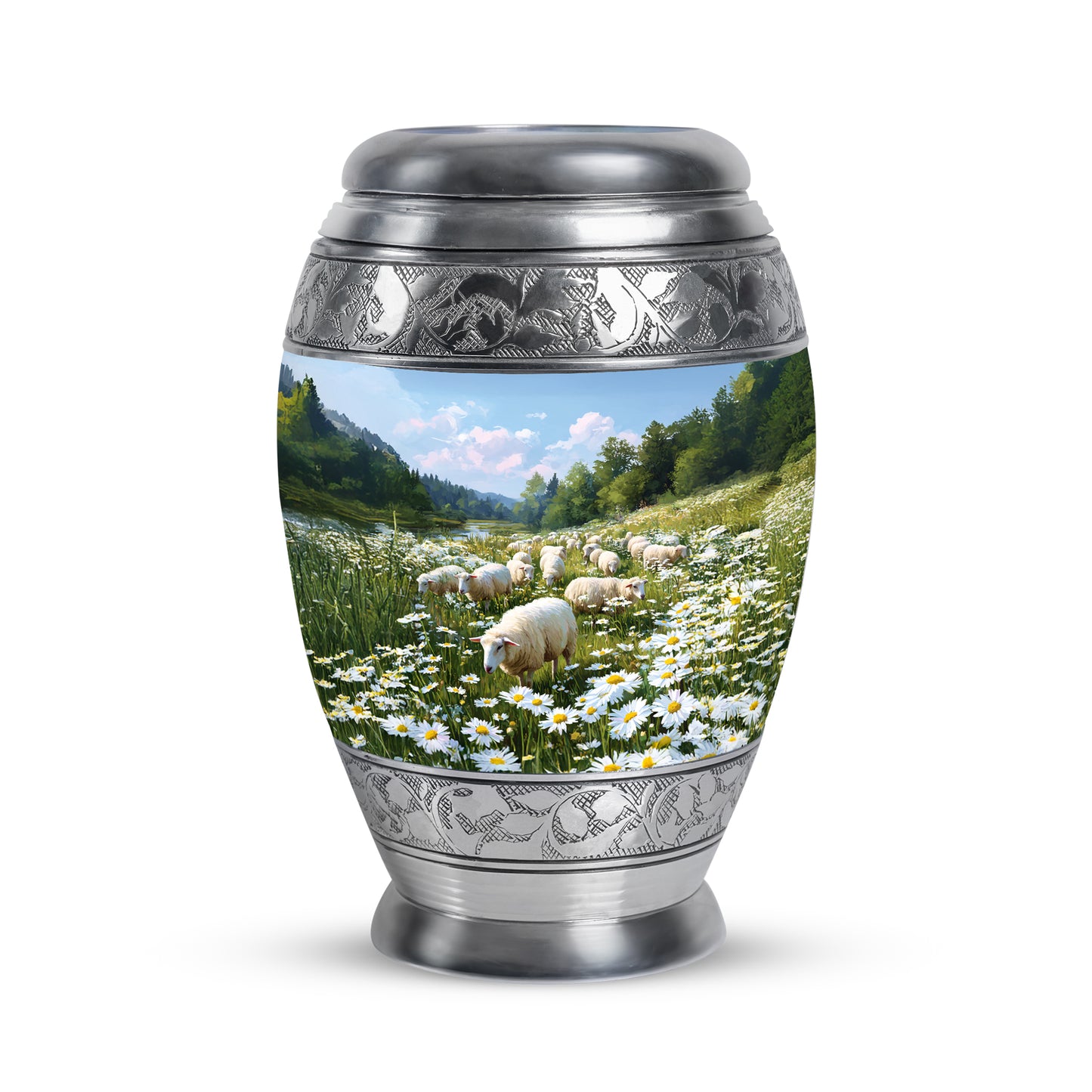 Blue Sacred Daisy Cremation Urns for Human Ashes - 10-inch, 200 cu in - Yatskia