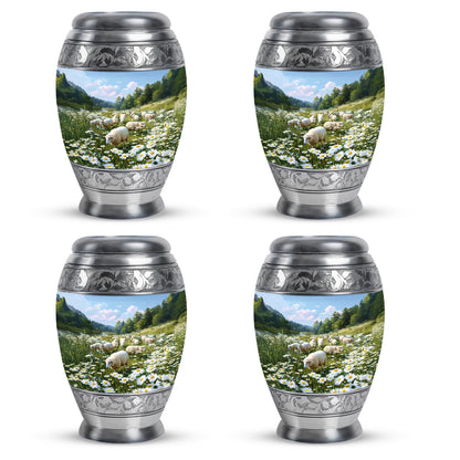 Cornflower Blue Daisy Cremation Urn urn with complimentary velvet bag - majestic daisy pattern with filigree border - 10 inch aluminum urn for cremated remains