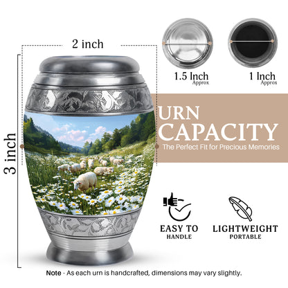 Calming Blue Daisy Cremation Urn lifestyle display on memorial shelf - royal daisy engraving with decorative scrollwork - mini keepsake memorial for portion of cremation ashes