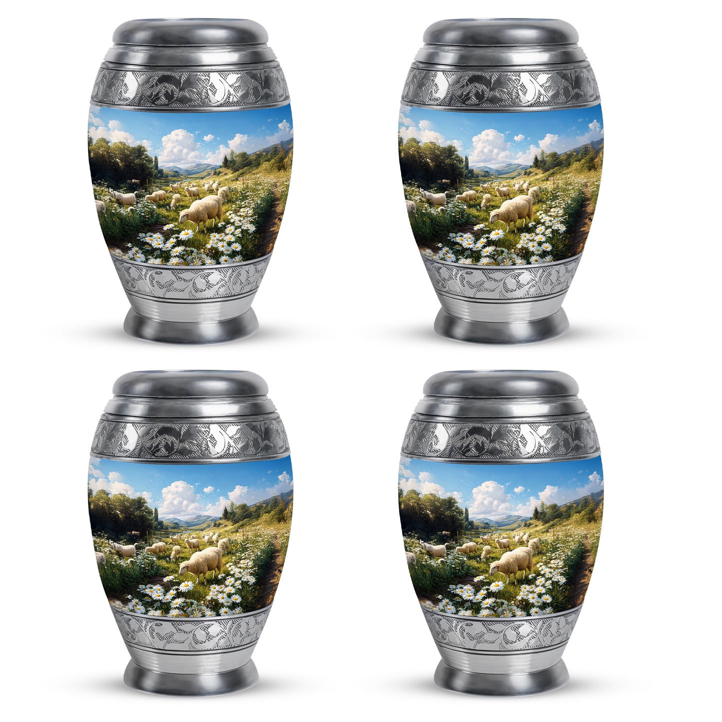 Slate Blue Daisy Cremation Urn urn with complimentary velvet bag - regal daisy design with crown-inspired accents - 10 inch aluminum urn for cremated remains
