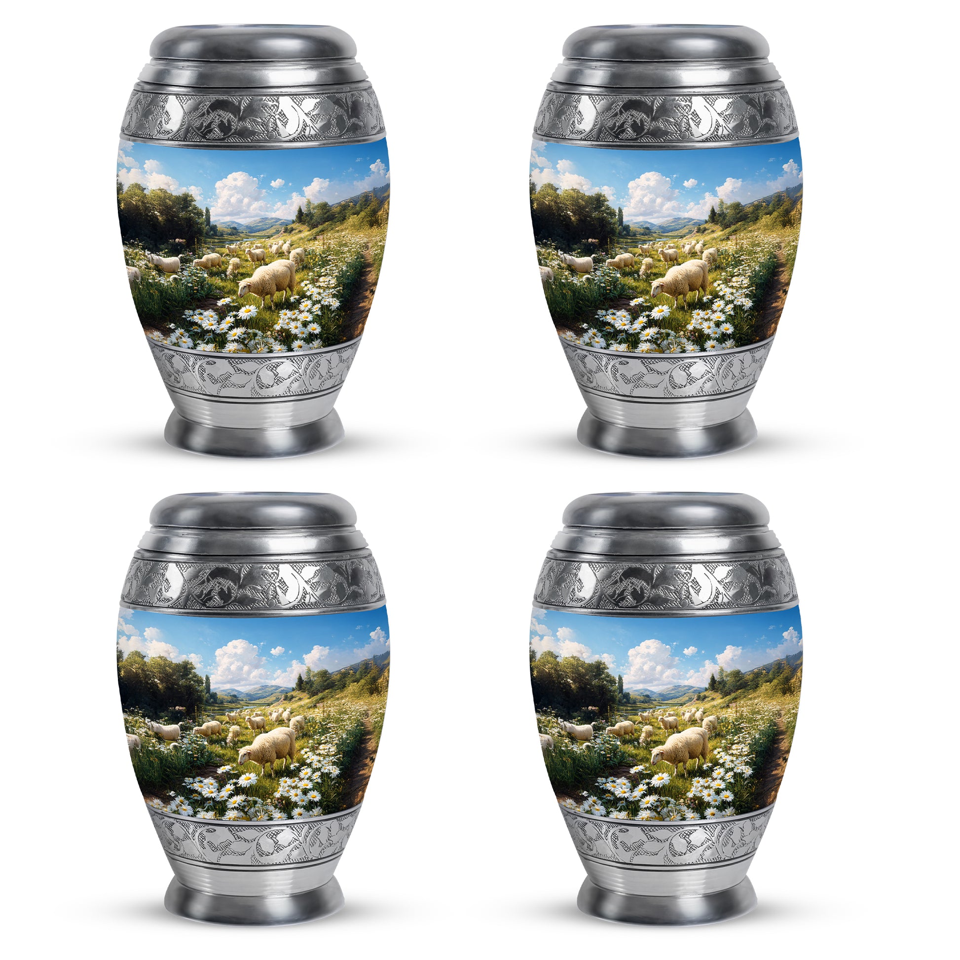Slate Blue Daisy Cremation Urn urn with complimentary velvet bag - regal daisy design with crown-inspired accents - 10 inch aluminum urn for cremated remains