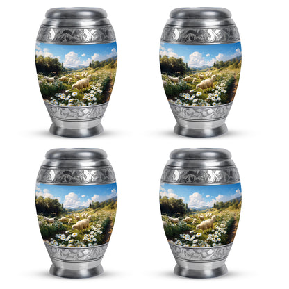 Slate Blue Daisy Cremation Urn urn with complimentary velvet bag - regal daisy design with crown-inspired accents - 10 inch aluminum urn for cremated remains
