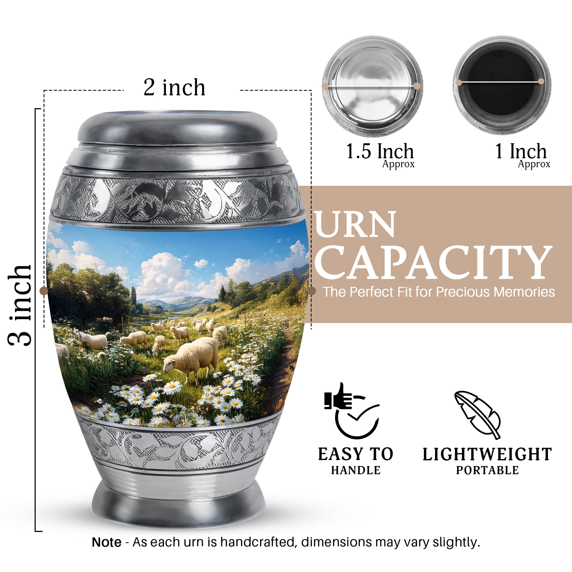 Pastel Blue Daisy Cremation Urn lifestyle display on memorial shelf - regal daisy design with crown-inspired accents - mini keepsake memorial for portion of cremation ashes
