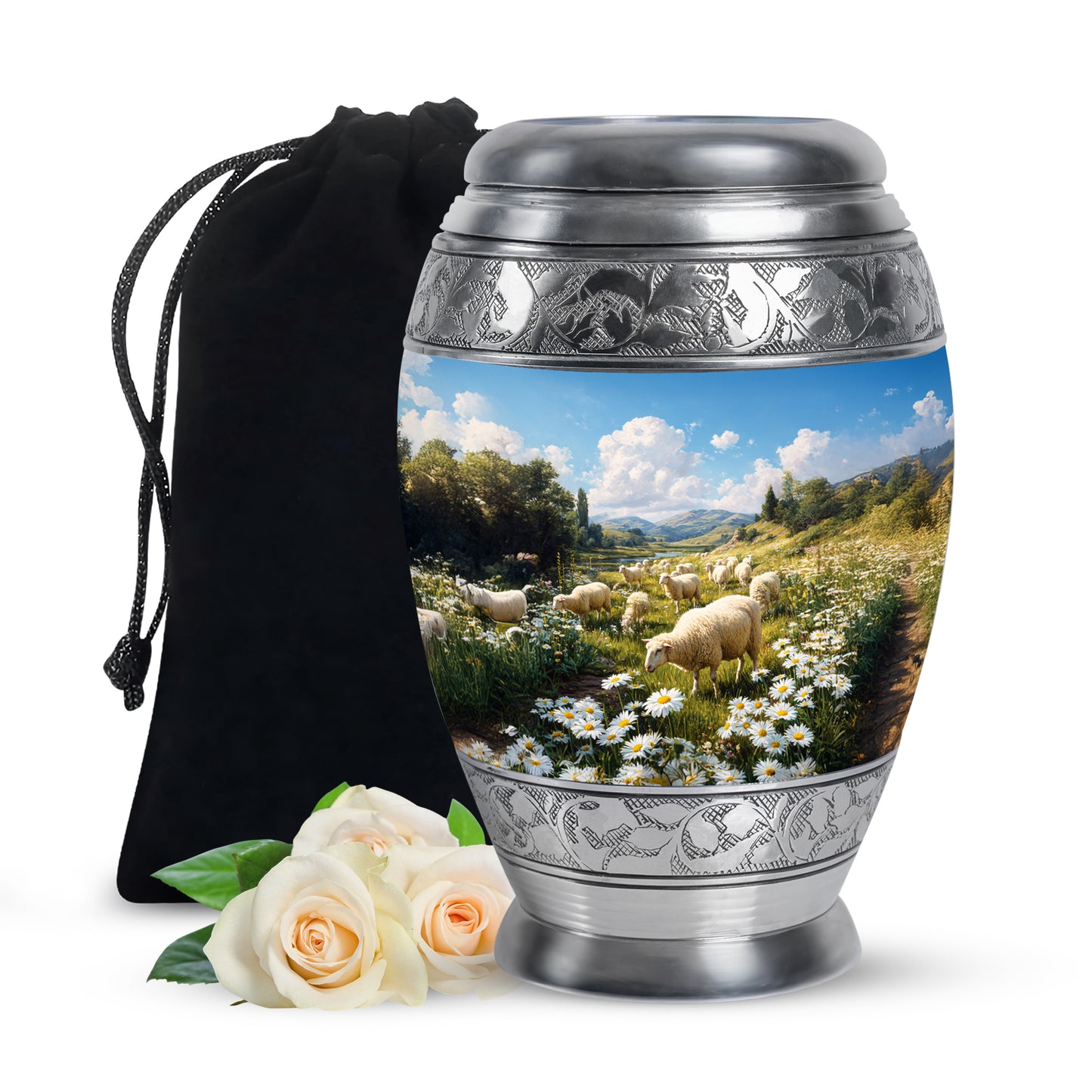 Misty Blue Daisy Cremation Urn back view with polished surface - ornate monarch-style daisy relief on brushed aluminum - full-size 10 inch 200 cubic inch adult cremation urn