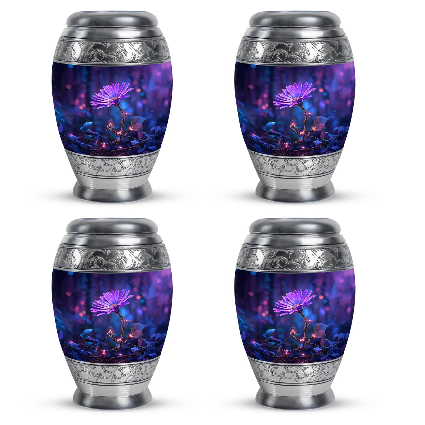 Icy Blue Daisy Cremation Urn urn with complimentary velvet bag - ornate monarch-style daisy relief on brushed aluminum - 10 inch aluminum urn for cremated remains