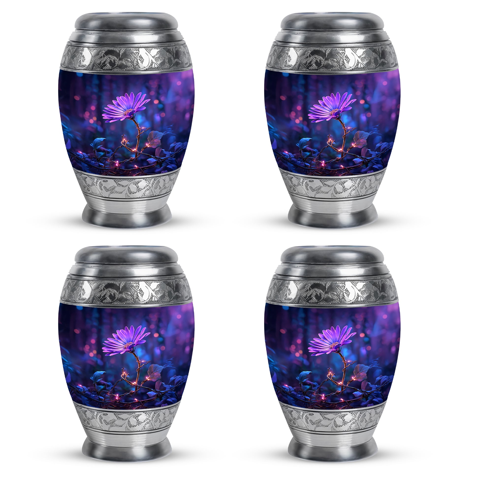 Icy Blue Daisy Cremation Urn urn with complimentary velvet bag - ornate monarch-style daisy relief on brushed aluminum - 10 inch aluminum urn for cremated remains