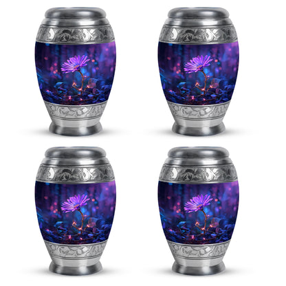 Icy Blue Daisy Cremation Urn urn with complimentary velvet bag - ornate monarch-style daisy relief on brushed aluminum - 10 inch aluminum urn for cremated remains