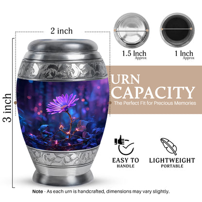 Pastel Blue Daisy Cremation Urn lifestyle display on memorial shelf - regal daisy design with crown-inspired accents - mini keepsake memorial for portion of cremation ashes