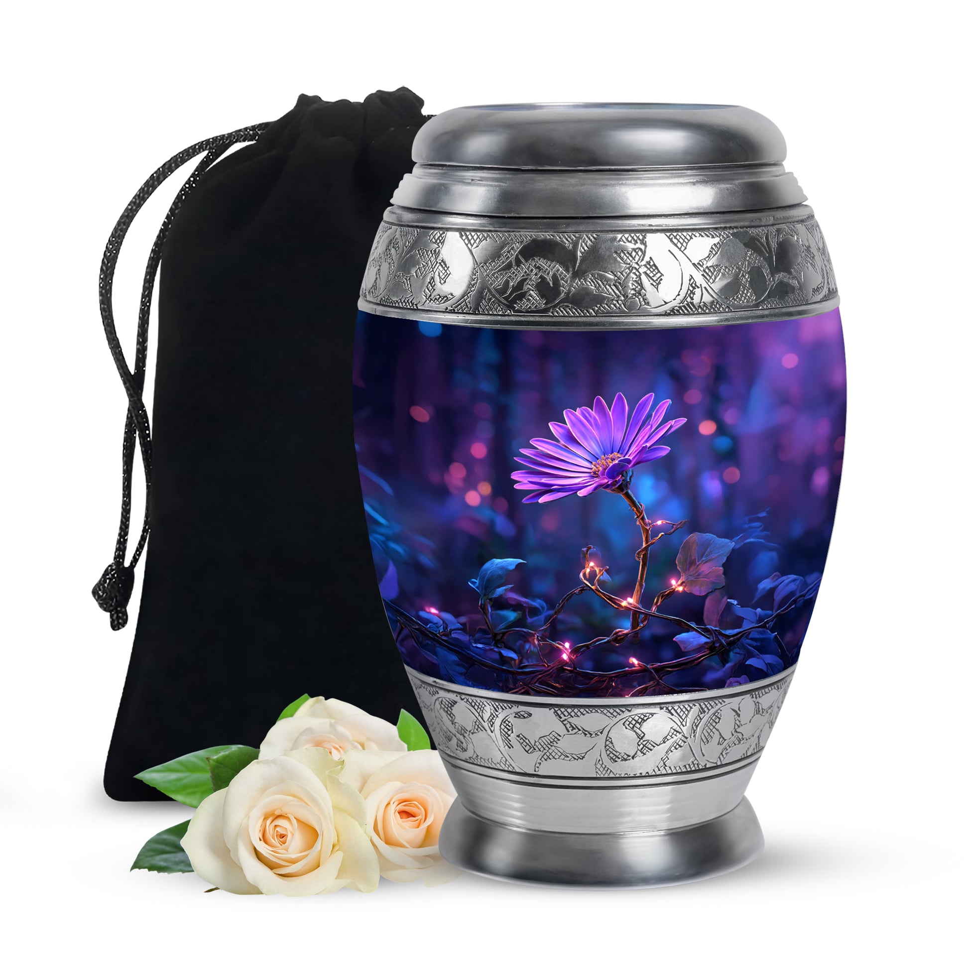 Calming Blue Daisy Cremation Urn back view with polished surface - royal daisy engraving with decorative scrollwork - full-size 10 inch 200 cubic inch adult cremation urn