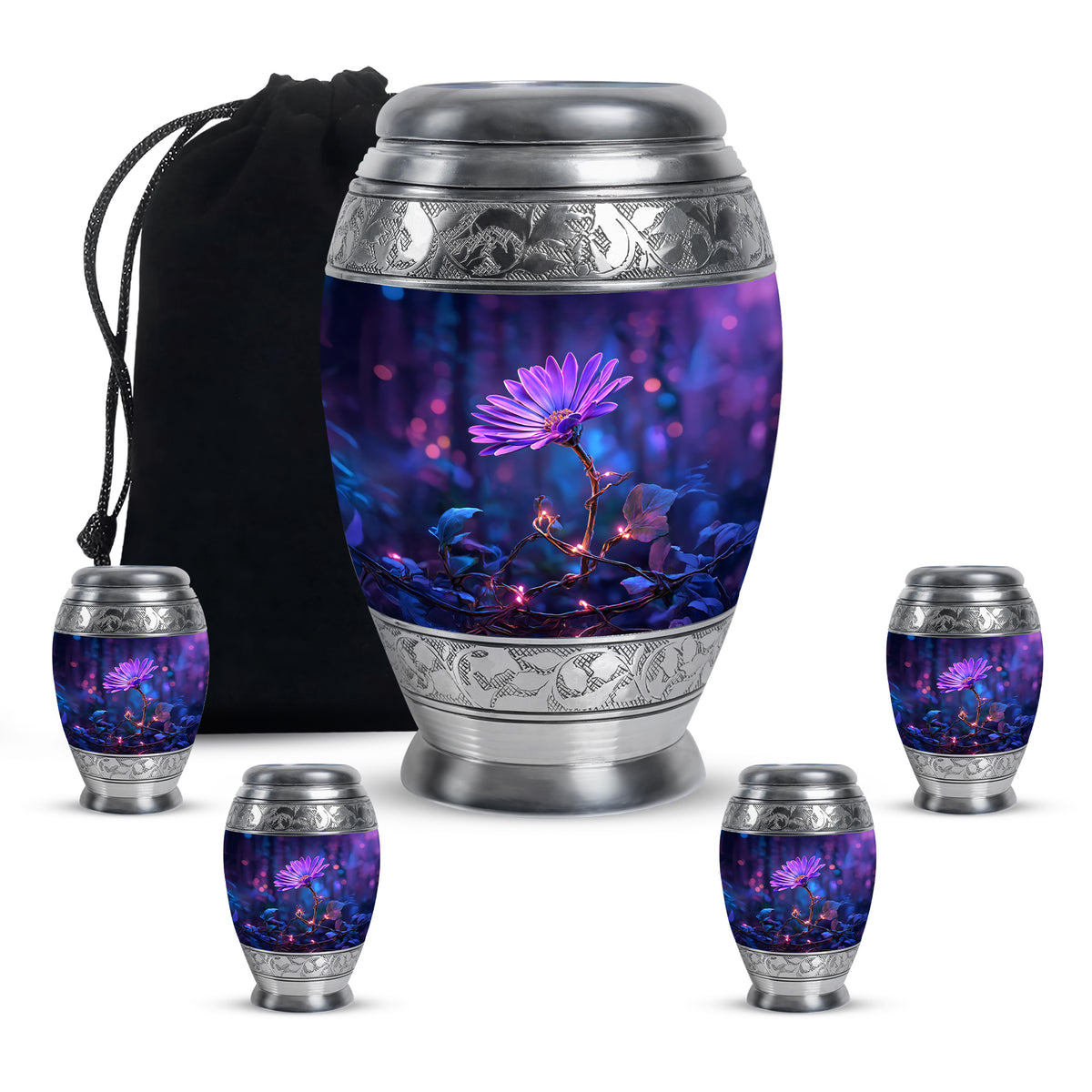 Slate Blue Daisy Cremation Urn detail view - regal daisy design with crown-inspired accents - memorial set with one large and four small urns