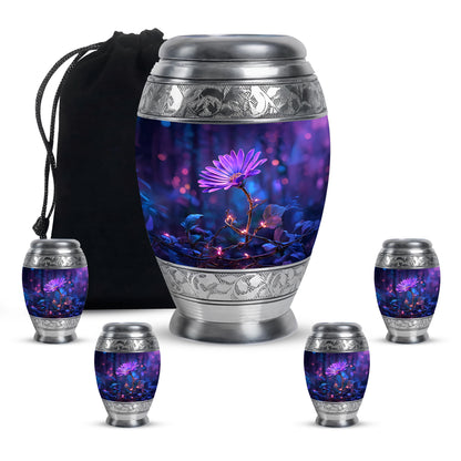 Slate Blue Daisy Cremation Urn detail view - regal daisy design with crown-inspired accents - memorial set with one large and four small urns