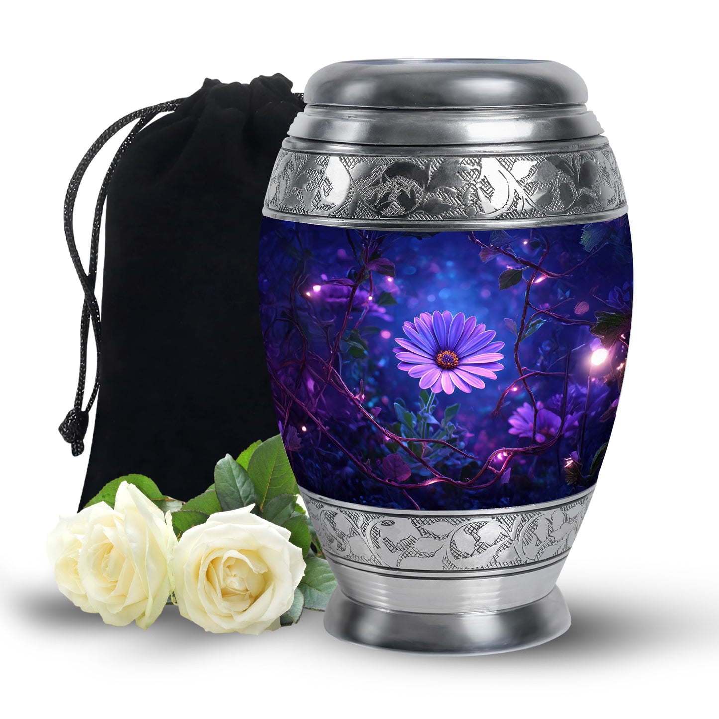 Dusty Blue Daisy Cremation Urn back view with polished surface - ornate monarch-style daisy relief on brushed aluminum - full-size 10 inch 200 cubic inch adult cremation urn