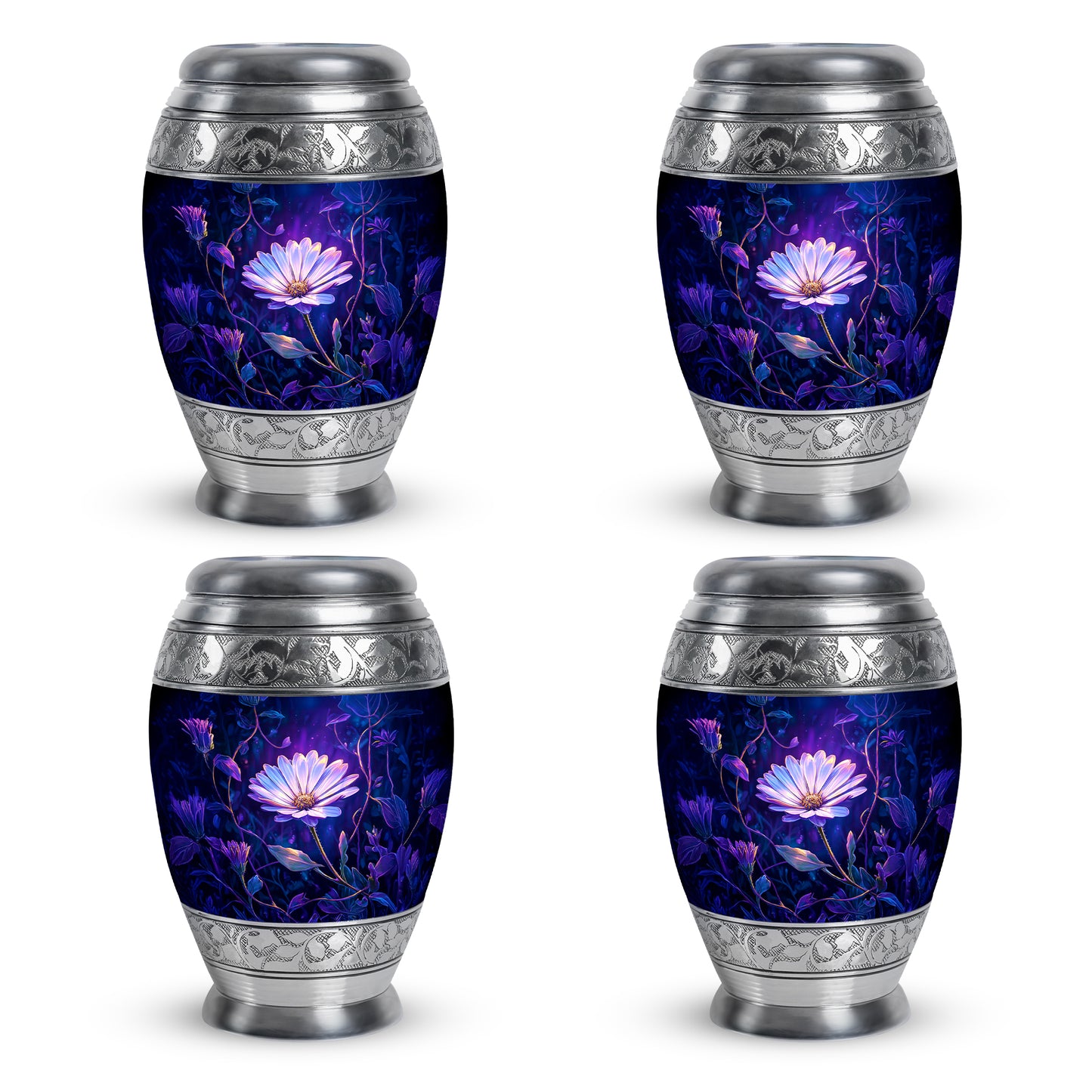 Soft Blue Daisy Cremation Urn urn with complimentary velvet bag - royal daisy engraving with decorative scrollwork - 10 inch aluminum urn for cremated remains