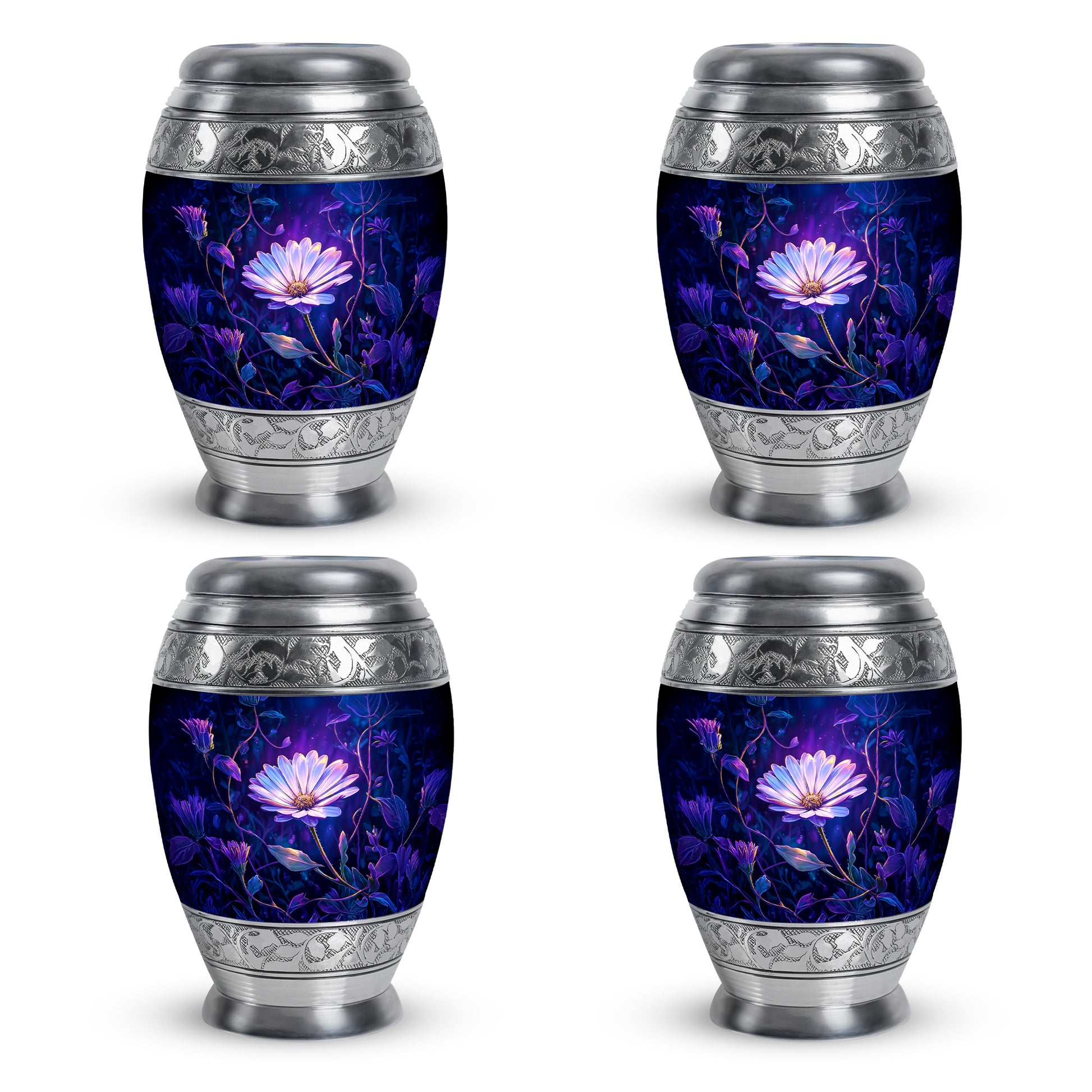 Soft Blue Daisy Cremation Urn urn with complimentary velvet bag - royal daisy engraving with decorative scrollwork - 10 inch aluminum urn for cremated remains