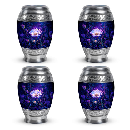 Soft Blue Daisy Cremation Urn urn with complimentary velvet bag - royal daisy engraving with decorative scrollwork - 10 inch aluminum urn for cremated remains