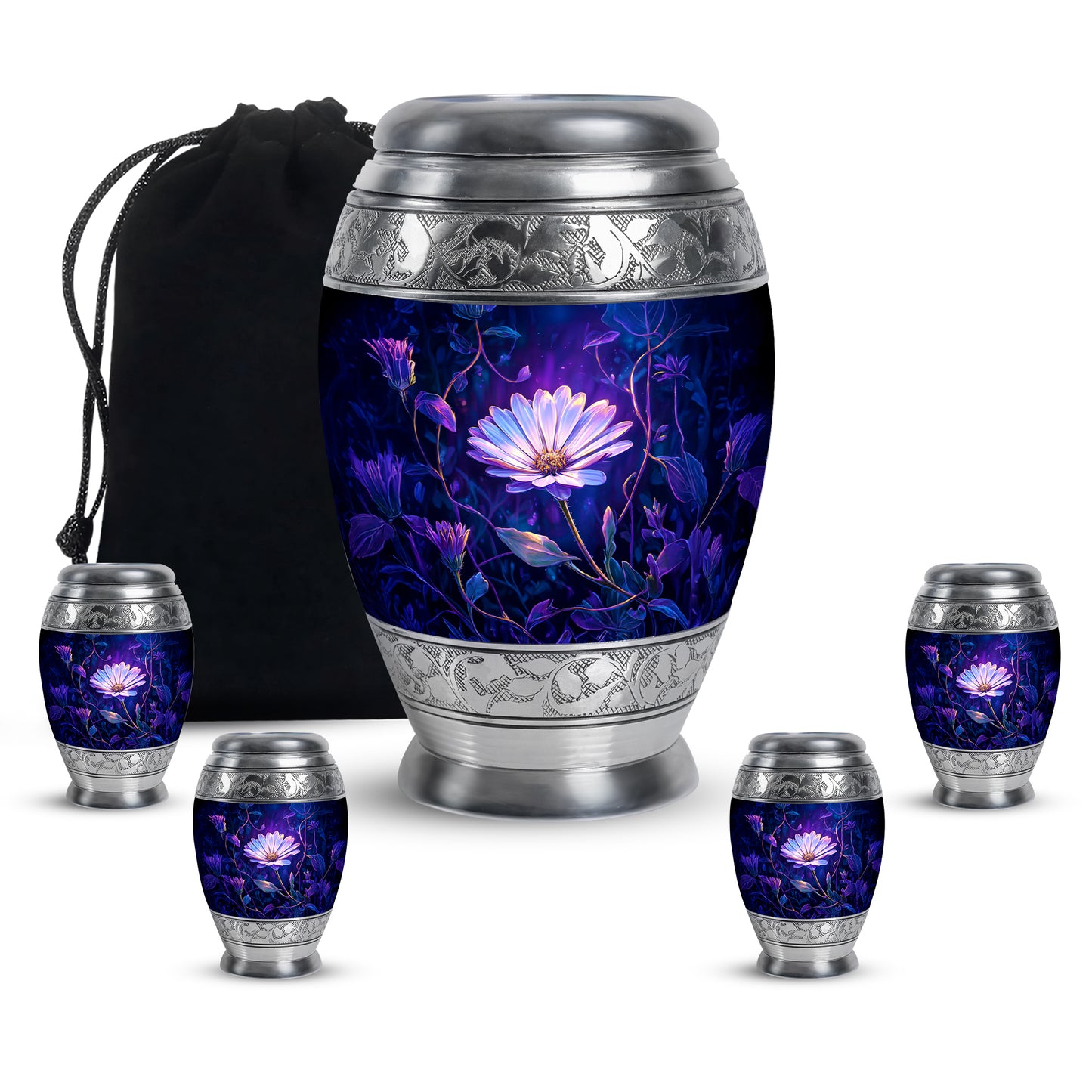 Pastel Blue Daisy Cremation Urn detail view - ornate monarch-style daisy relief on brushed aluminum - memorial set with one large and four small urns