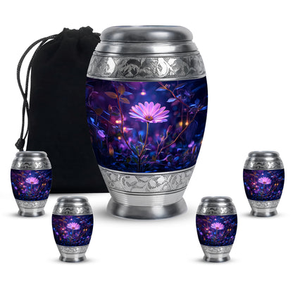 Dusty Blue Daisy Cremation Urn detail view - regal daisy design with crown-inspired accents - memorial set with one large and four small urns