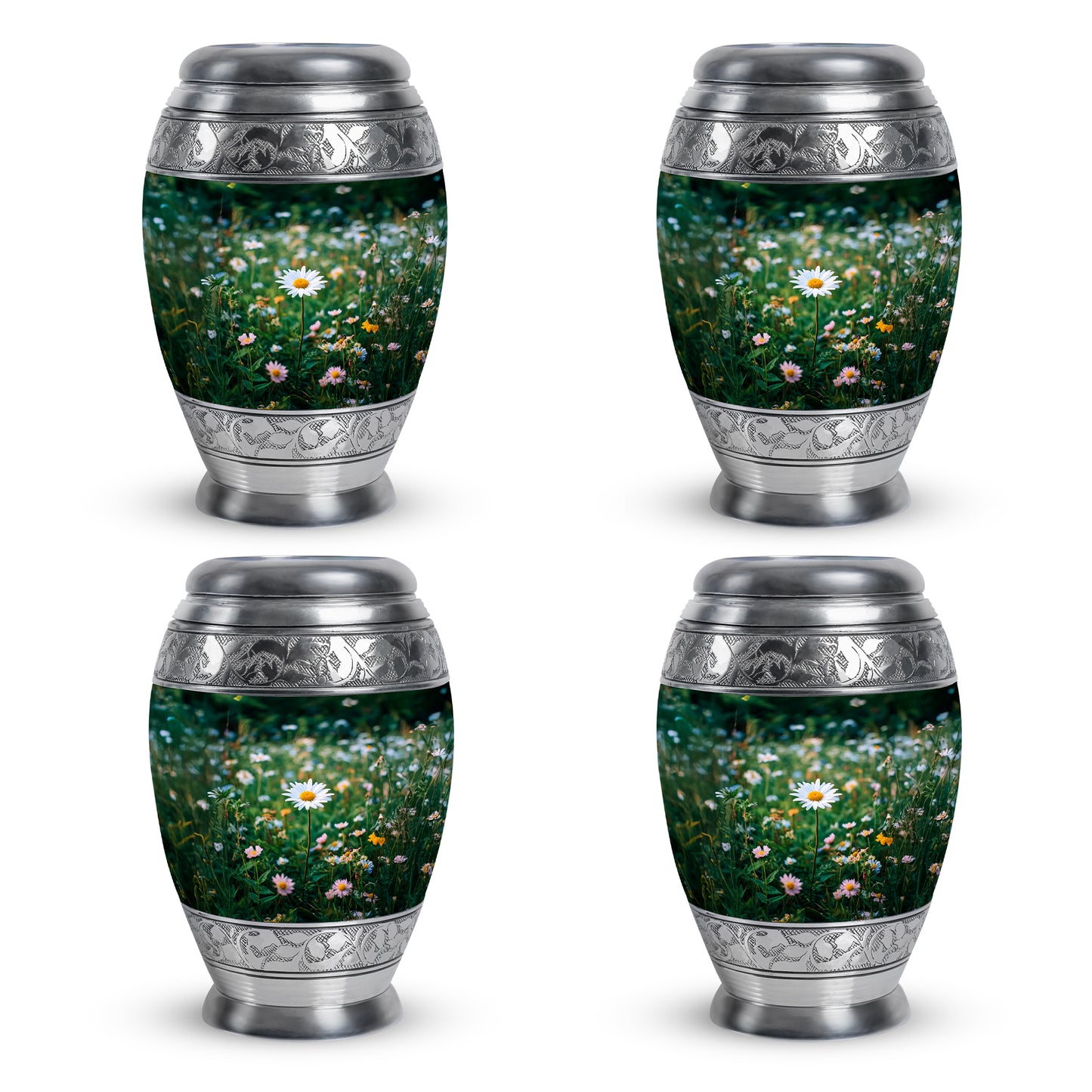 Jade Green Daisy Cremation Urn urn with complimentary velvet bag - regal daisy design with crown-inspired accents - 10 inch aluminum urn for cremated remains