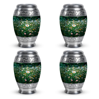 Jade Green Daisy Cremation Urn urn with complimentary velvet bag - regal daisy design with crown-inspired accents - 10 inch aluminum urn for cremated remains