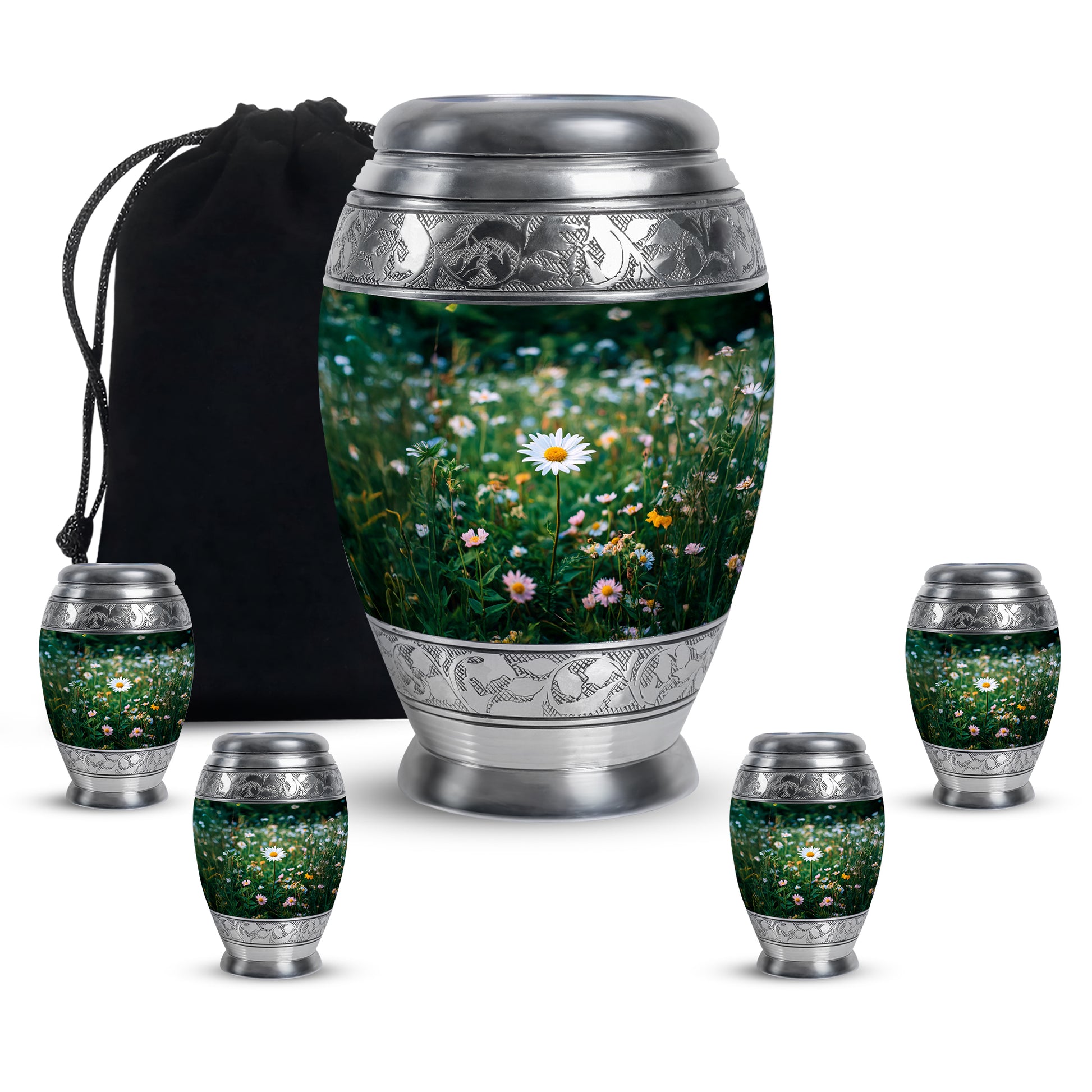 Olive Green Daisy Cremation Urn detail view - majestic daisy pattern with filigree border - memorial set with one large and four small urns