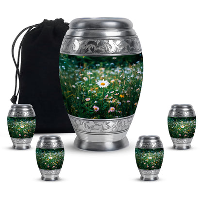 Olive Green Daisy Cremation Urn detail view - majestic daisy pattern with filigree border - memorial set with one large and four small urns