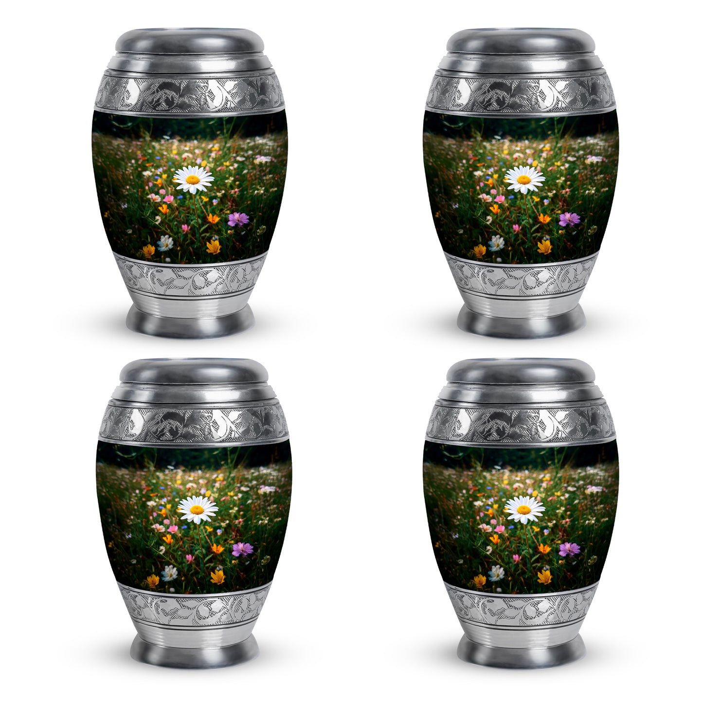 Pine Green Daisy Cremation Urn urn with complimentary velvet bag - majestic daisy pattern with filigree border - 10 inch aluminum urn for cremated remains