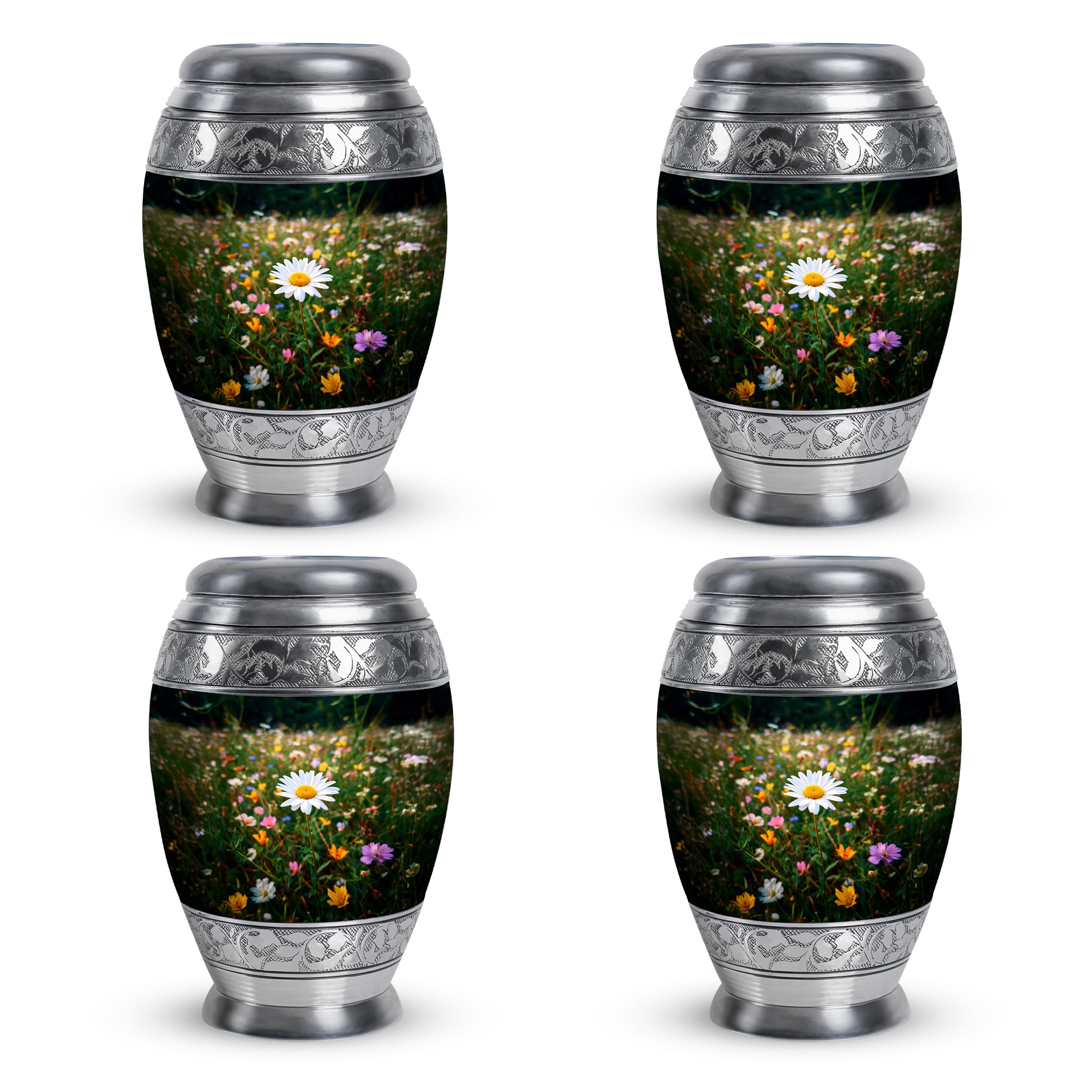 Pine Green Daisy Cremation Urn urn with complimentary velvet bag - majestic daisy pattern with filigree border - 10 inch aluminum urn for cremated remains