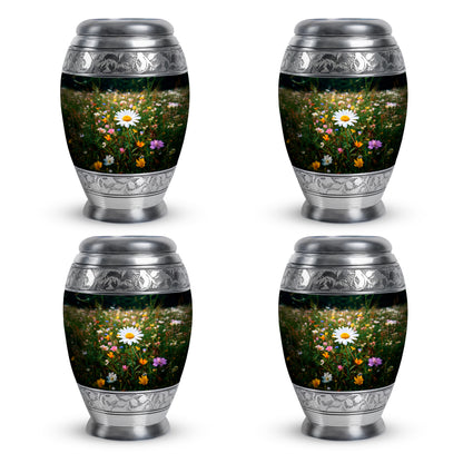 Pine Green Daisy Cremation Urn urn with complimentary velvet bag - majestic daisy pattern with filigree border - 10 inch aluminum urn for cremated remains