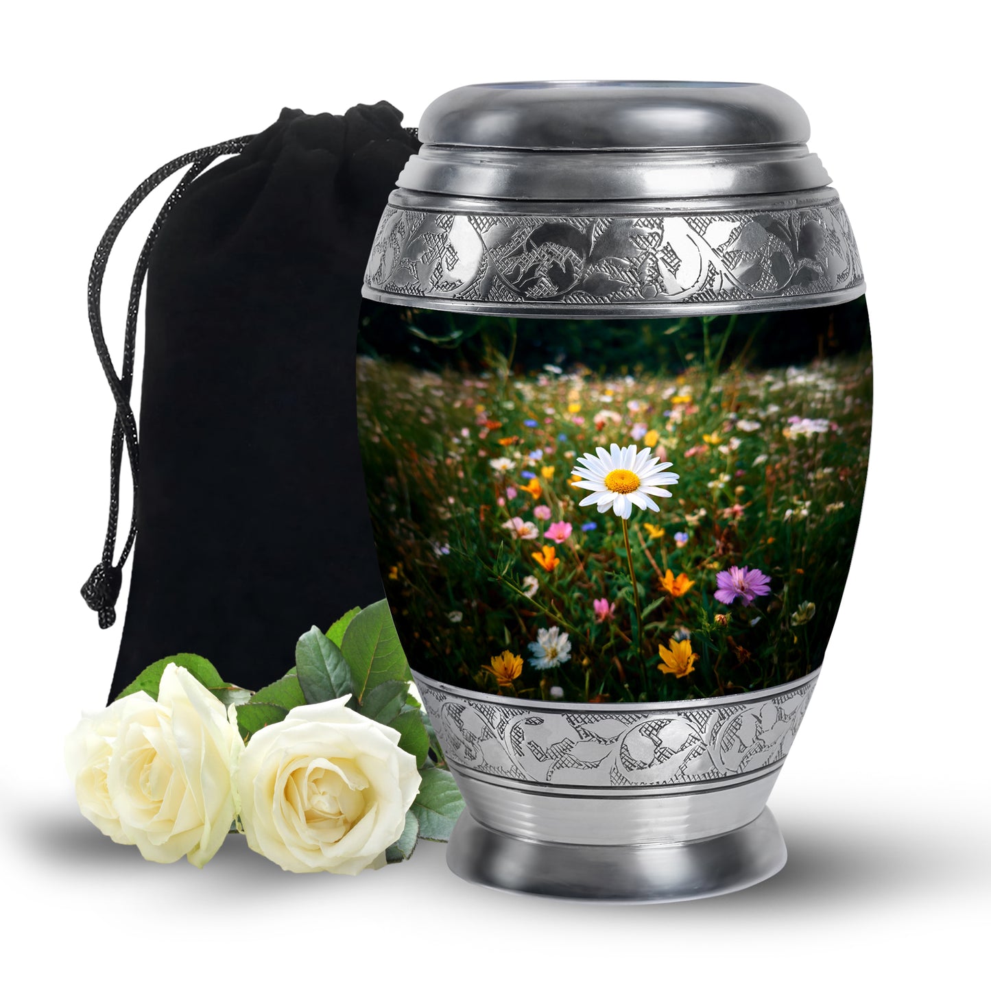 Mint Green Daisy Cremation Urn back view with polished surface - royal daisy engraving with decorative scrollwork - full-size 10 inch 200 cubic inch adult cremation urn