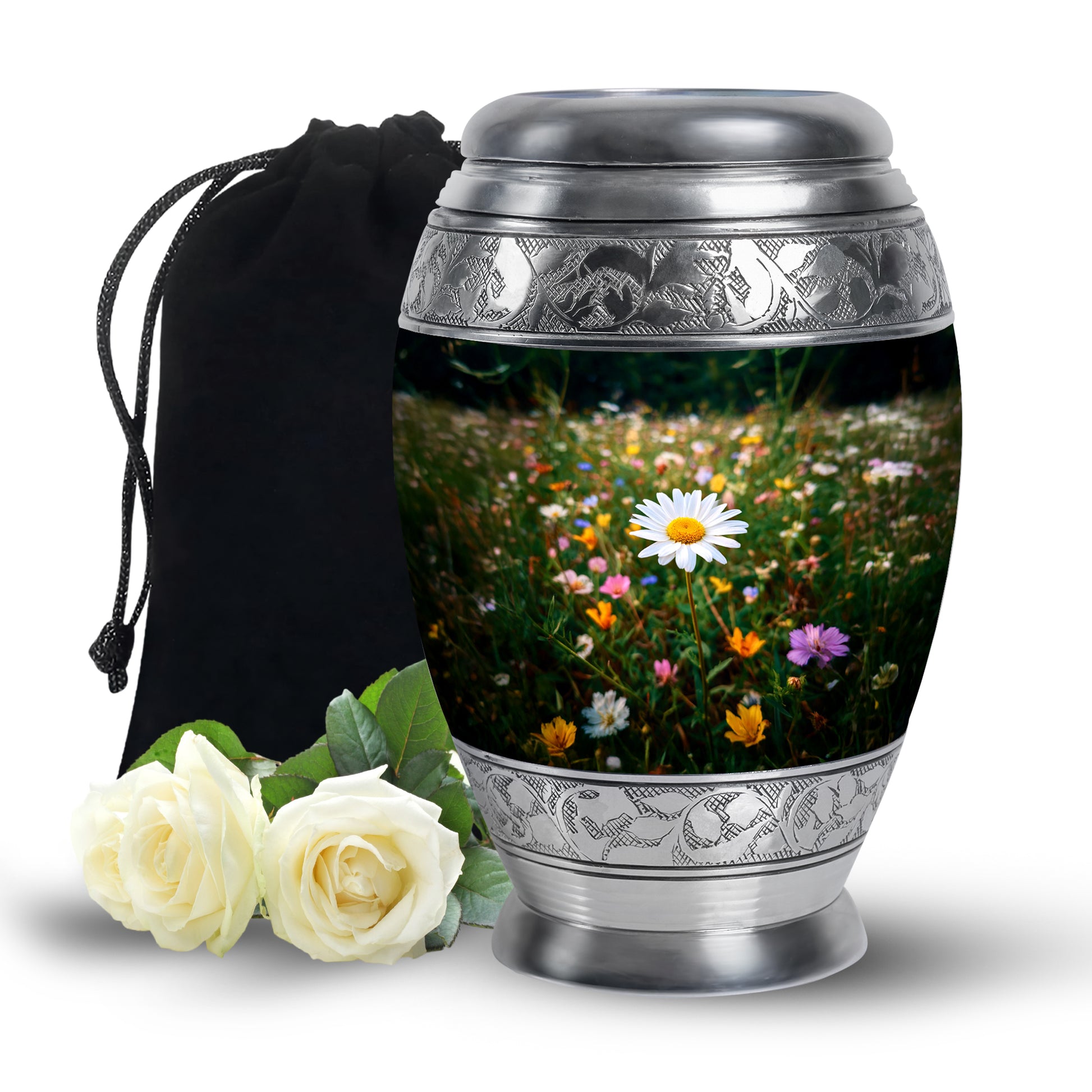 Mint Green Daisy Cremation Urn back view with polished surface - royal daisy engraving with decorative scrollwork - full-size 10 inch 200 cubic inch adult cremation urn