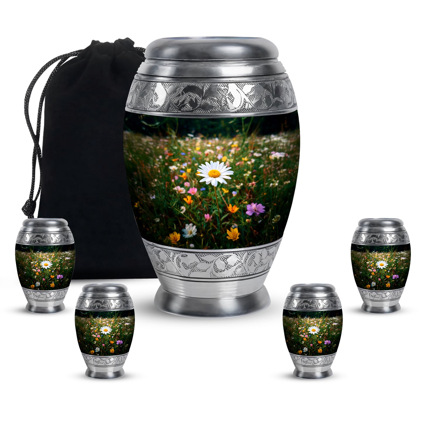 Pine Green Daisy Cremation Urn detail view - majestic daisy pattern with filigree border - memorial set with one large and four small urns