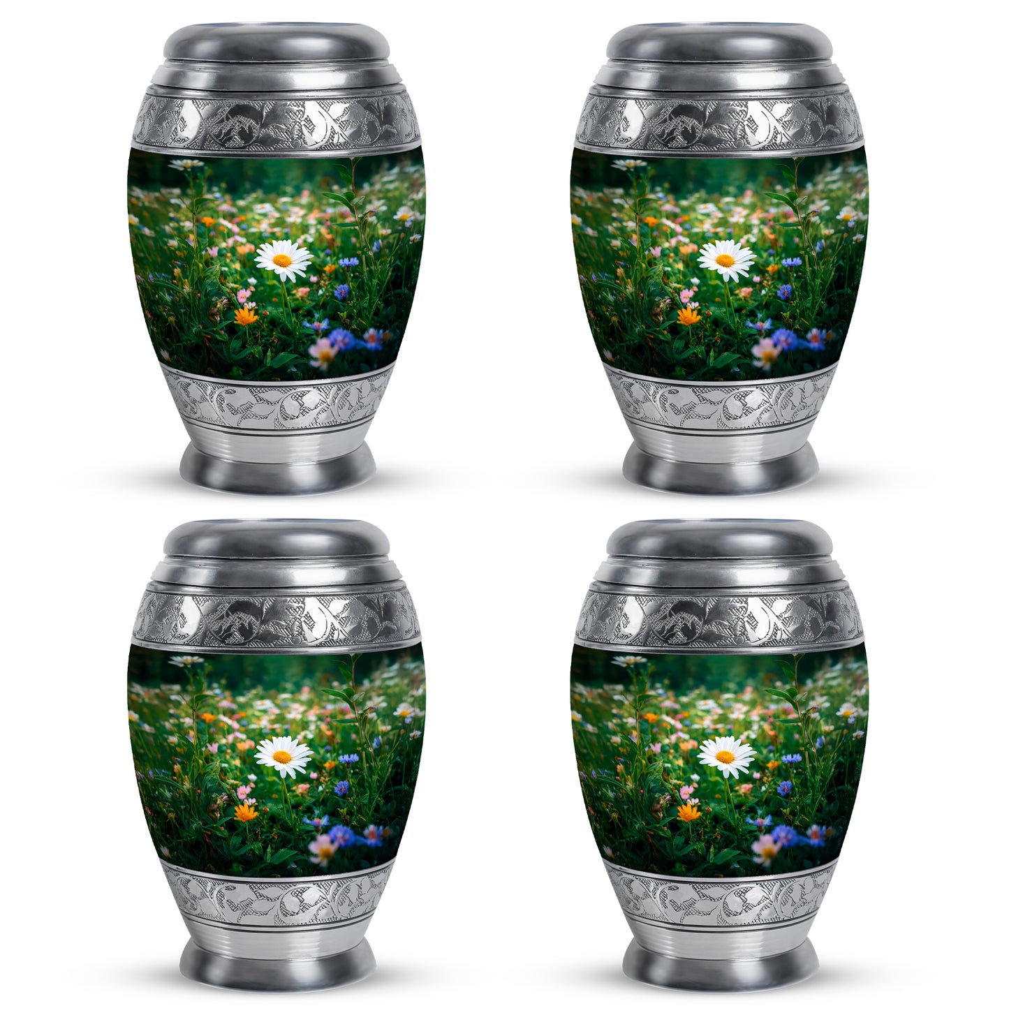 Verdant Green Daisy Cremation Urn urn with complimentary velvet bag - regal daisy design with crown-inspired accents - 10 inch aluminum urn for cremated remains