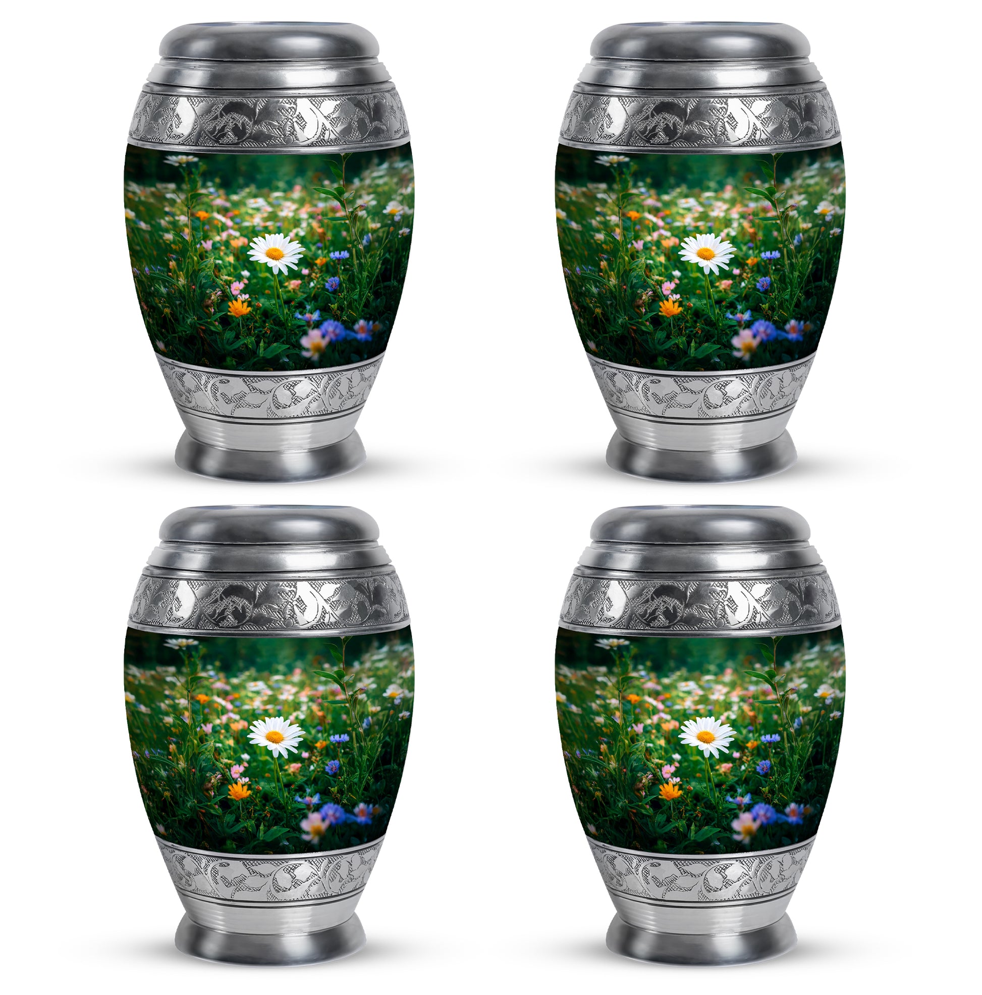 Verdant Green Daisy Cremation Urn urn with complimentary velvet bag - regal daisy design with crown-inspired accents - 10 inch aluminum urn for cremated remains
