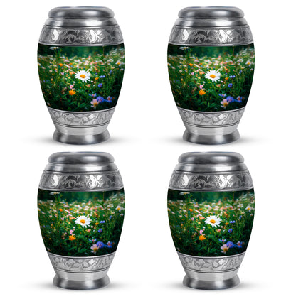 Verdant Green Daisy Cremation Urn urn with complimentary velvet bag - regal daisy design with crown-inspired accents - 10 inch aluminum urn for cremated remains