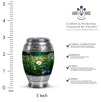 Moss Green Daisy Cremation Urn lifestyle display on memorial shelf - ornate monarch-style daisy relief on brushed aluminum - mini keepsake memorial for portion of cremation ashes