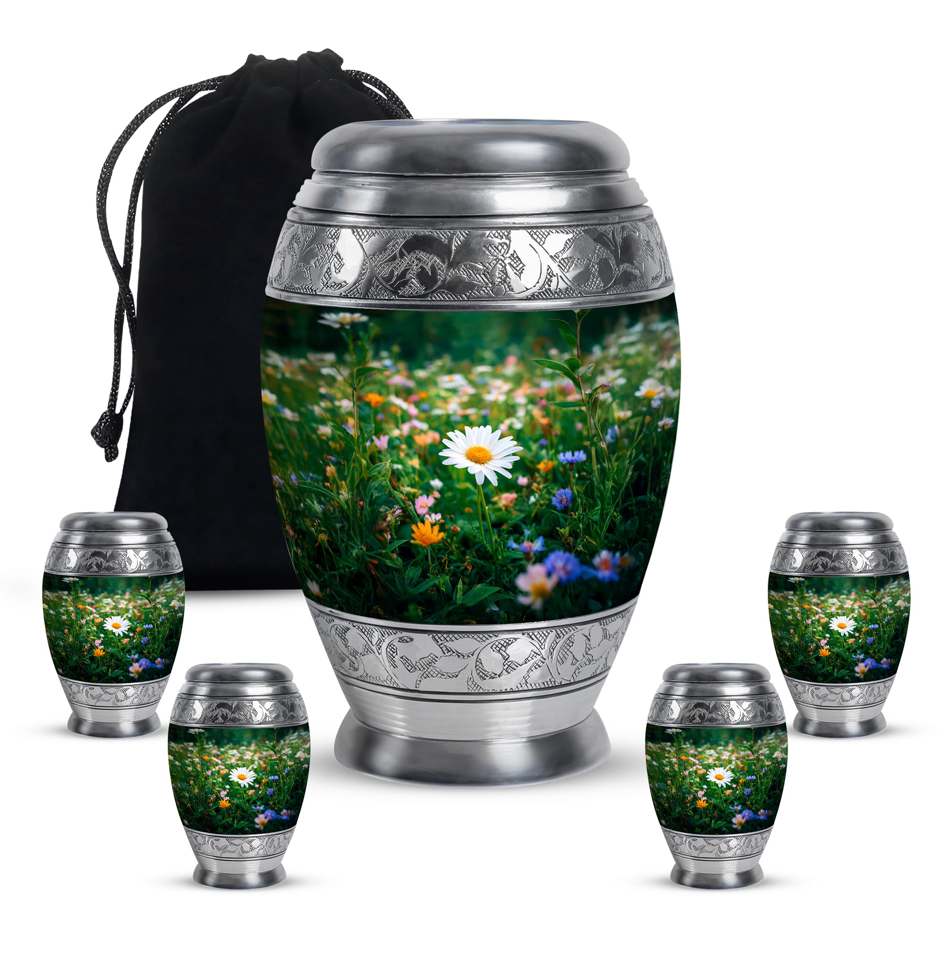 Olive Green Daisy Cremation Urn detail view - royal daisy engraving with decorative scrollwork - memorial set with one large and four small urns