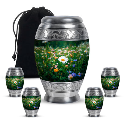 Olive Green Daisy Cremation Urn detail view - royal daisy engraving with decorative scrollwork - memorial set with one large and four small urns