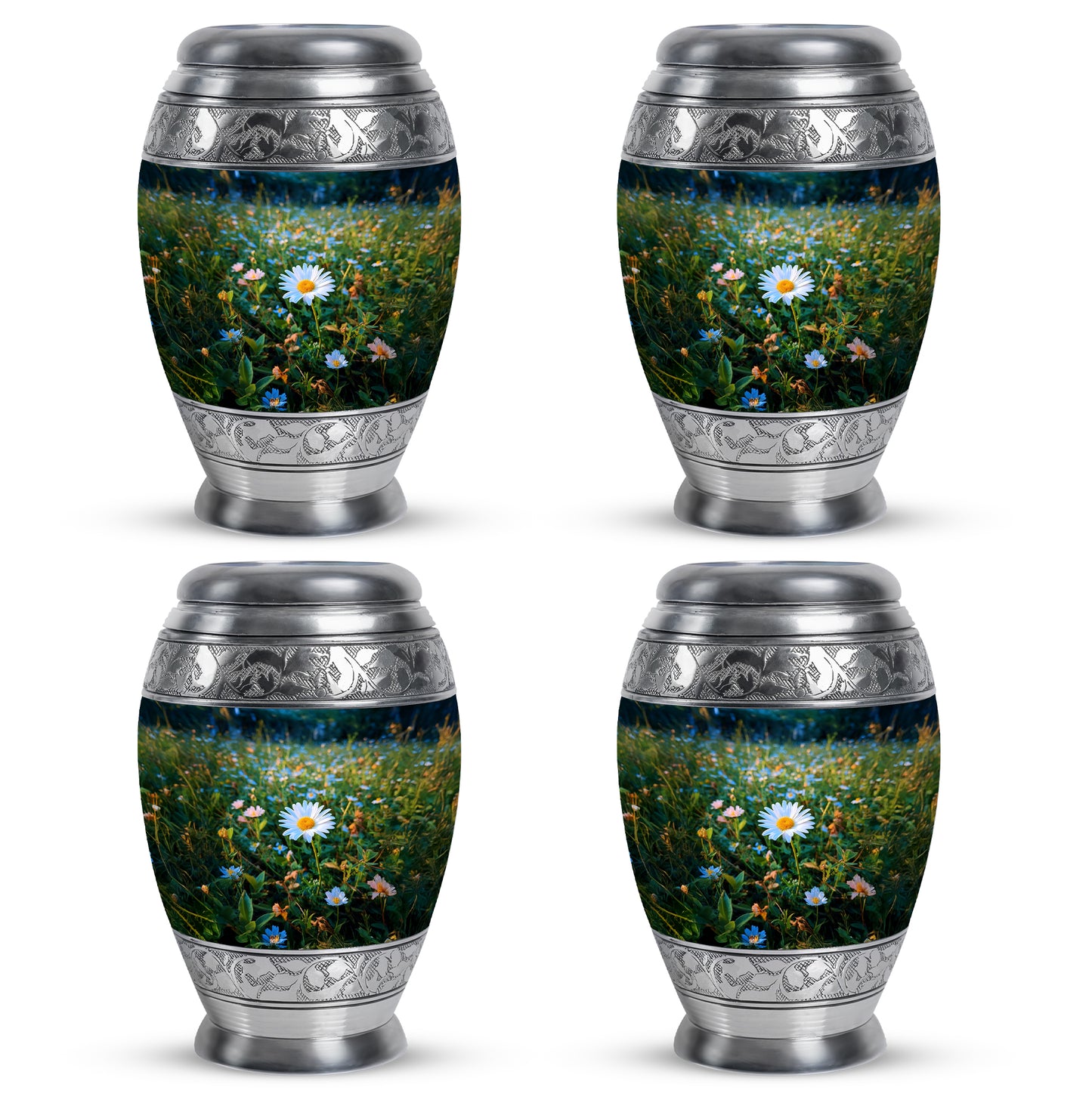 Sea Green Teal Daisy Cremation Urn urn with complimentary velvet bag - ornate monarch-style daisy relief on brushed aluminum - 10 inch aluminum urn for cremated remains