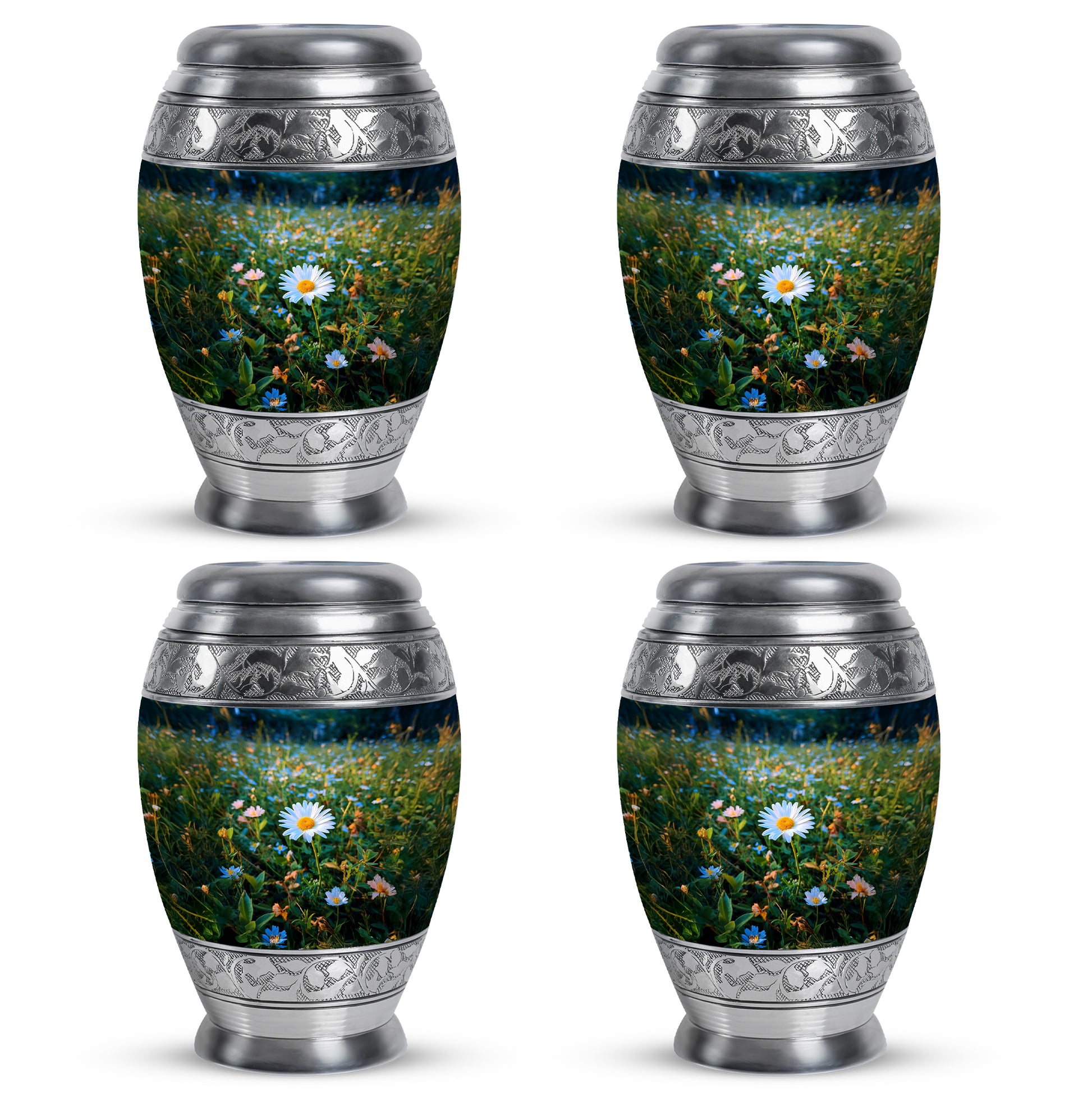 Sea Green Teal Daisy Cremation Urn urn with complimentary velvet bag - ornate monarch-style daisy relief on brushed aluminum - 10 inch aluminum urn for cremated remains