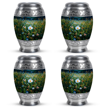 Sea Green Teal Daisy Cremation Urn urn with complimentary velvet bag - ornate monarch-style daisy relief on brushed aluminum - 10 inch aluminum urn for cremated remains