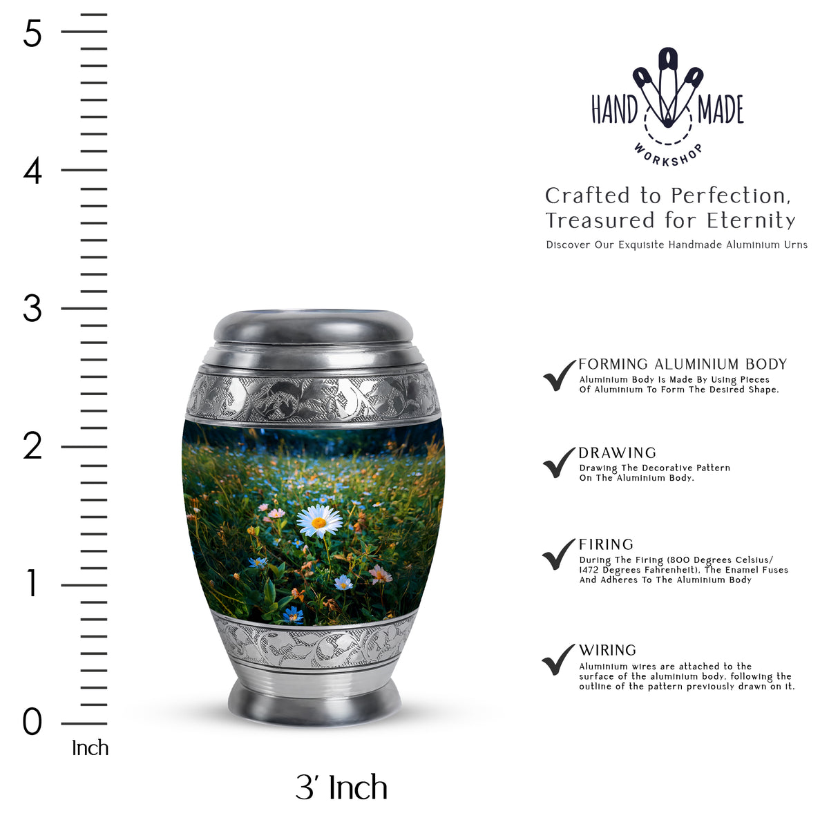 Ocean Teal Daisy Cremation Urn lifestyle display on memorial shelf - ornate monarch-style daisy relief on brushed aluminum - mini keepsake memorial for portion of cremation ashes