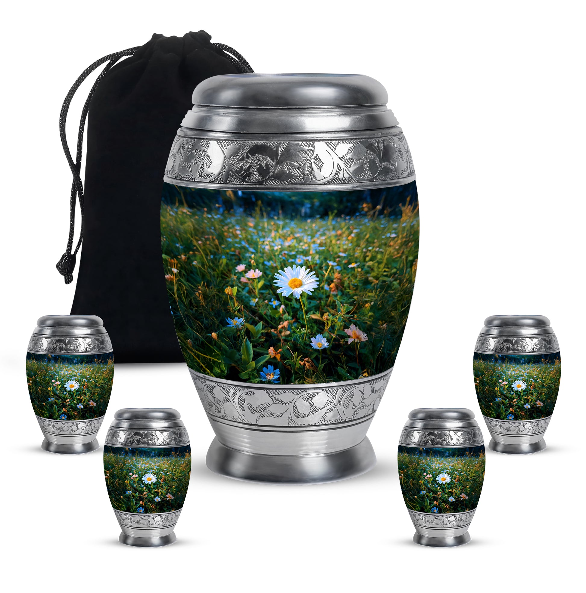 Aqua Teal Daisy Cremation Urn detail view - royal daisy engraving with decorative scrollwork - memorial set with one large and four small urns