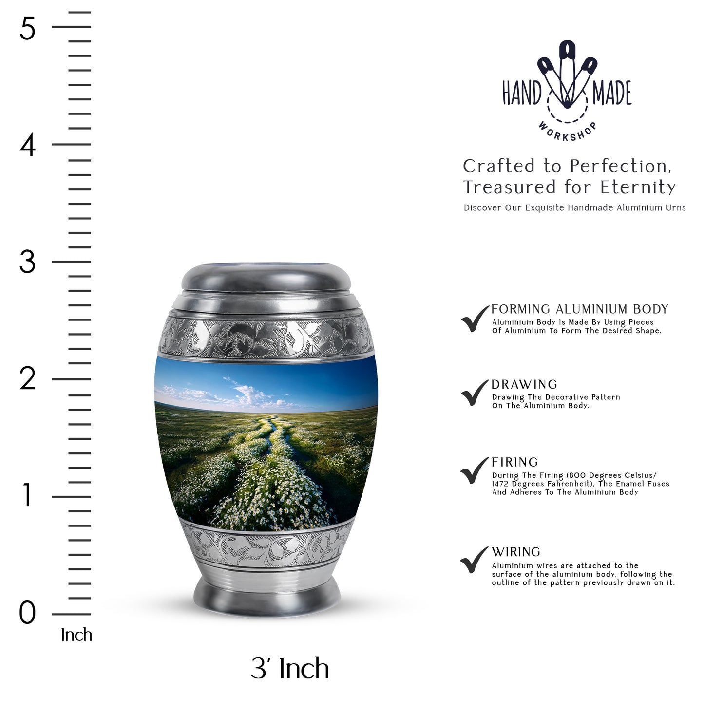 Powder Blue Daisy Cremation Urn lifestyle display on memorial shelf - ornate monarch-style daisy relief on brushed aluminum - mini keepsake memorial for portion of cremation ashes