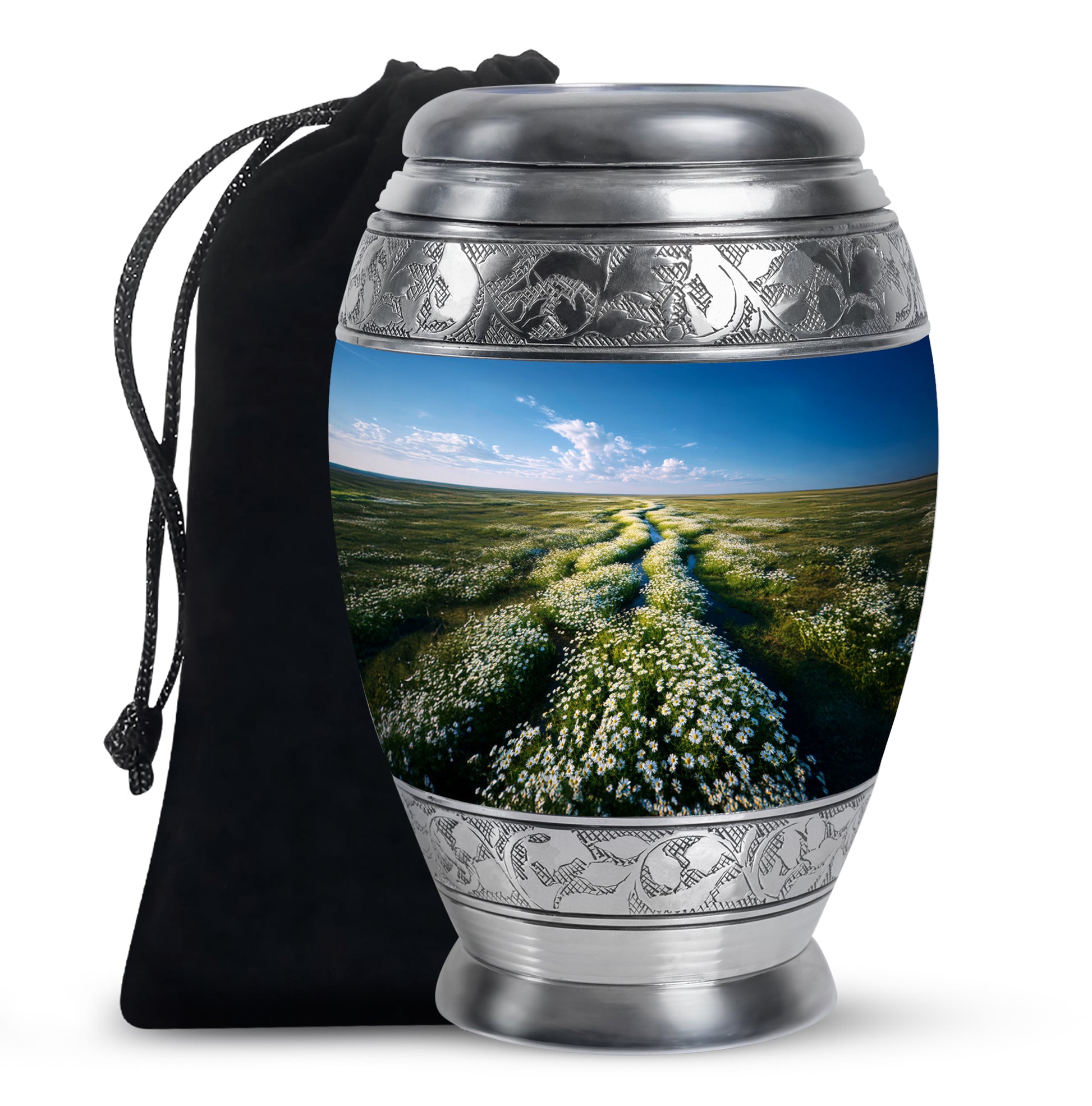 Vivid Blue Daisy Cremation Urn back view with polished surface - majestic daisy pattern with filigree border - full-size 10 inch 200 cubic inch adult cremation urn